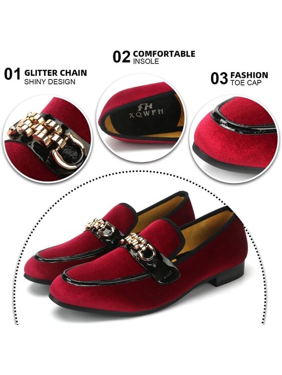 XQWFH Men\'s Red Velvet Penny Loafer Gold Chain Buckle Slip On Flats Forma Shoes